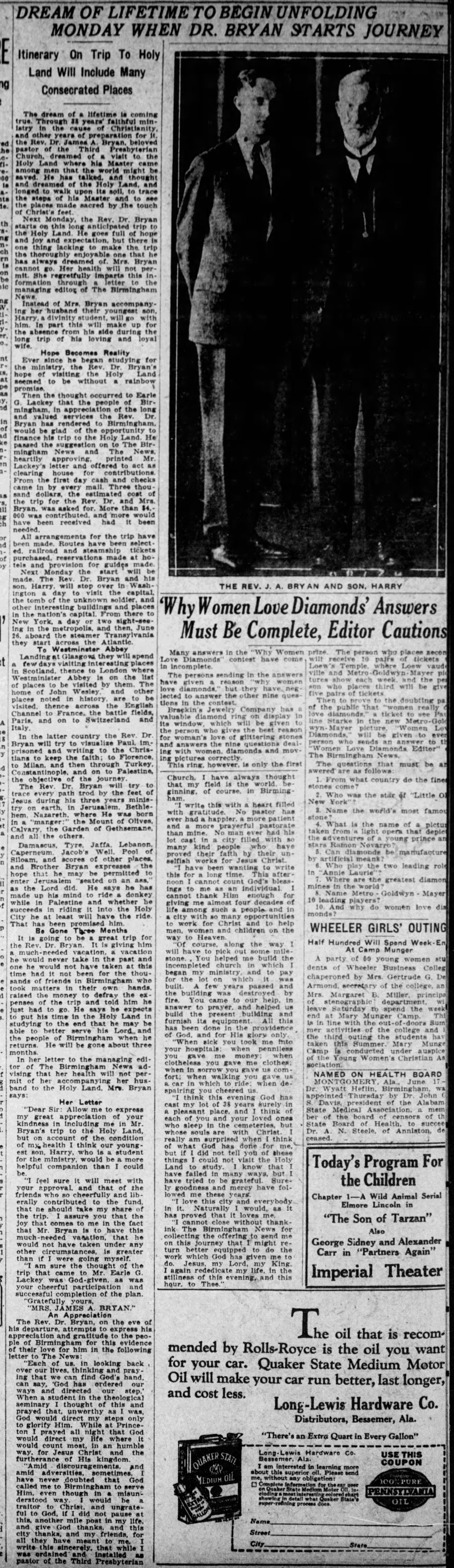 Dream of Lifetime To Begin Unfolding Monday When Dr. Bryan Starts Journey